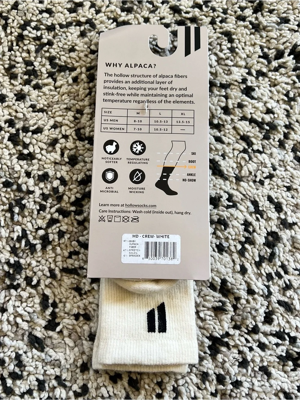 Hollow Alpaca Socks Crew White Unisex Adult Size Medium